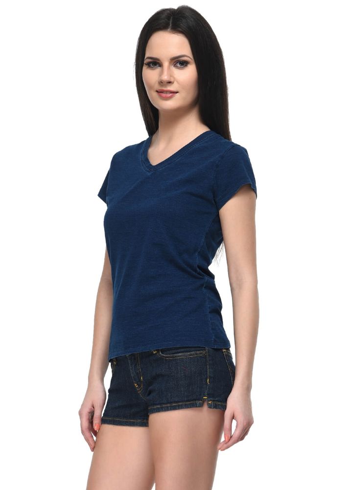 Picture of Frenchtrendz Cotton Denim Indigo Wash V-Neck Half Sleeve Medium Length T-Shirt