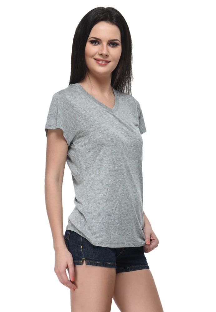 Picture of Frenchtrendz Viscose Grey V-Neck short Sleeve Medium Length Top