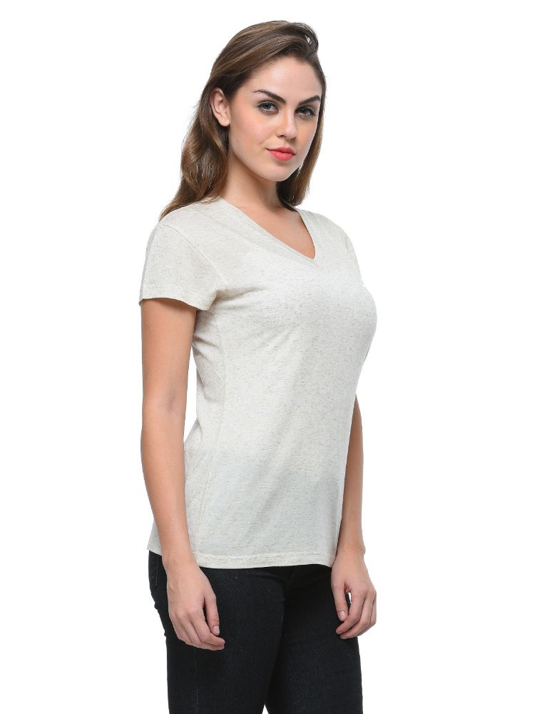 Picture of Frenchtrendz Viscose Oatmeal V-Neck short Sleeve Medium Length Top