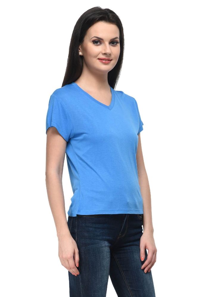 Picture of Frenchtrendz Viscose Blue V-Neck Half Sleeve Short Length Tops