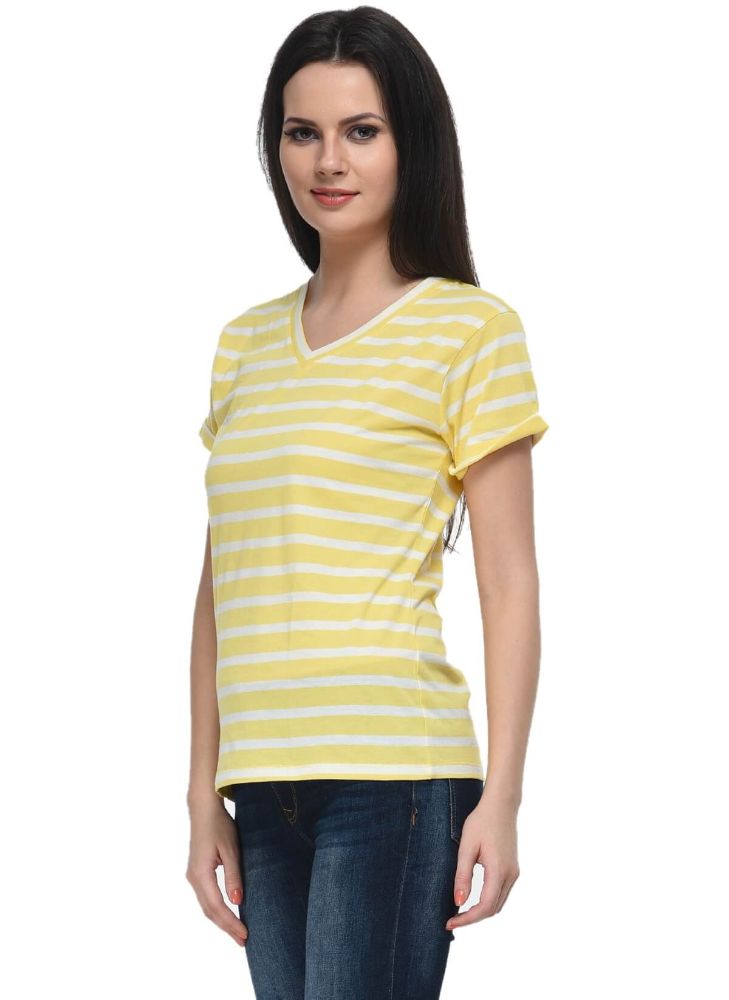 Picture of Frenchtrendz Cotton Yellow White V-Neck Rolled Half Sleeve Strip Medium Length Top