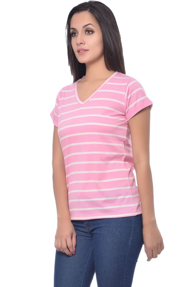 Picture of Frenchtrendz Cotton White Pink V-Neck Rolled Half Sleeve Strip Medium Length Top