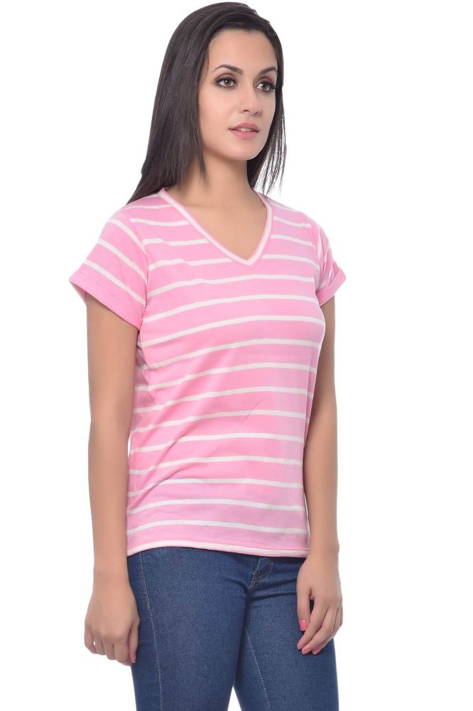 Picture of Frenchtrendz Cotton White Pink V-Neck Rolled Half Sleeve Strip Medium Length Top