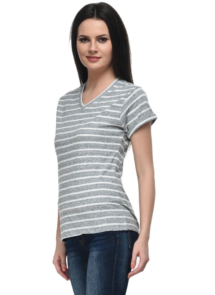 Picture of Frenchtrendz Cotton Grey White V-Neck Rolled Half Sleeve Strip Medium Length Top