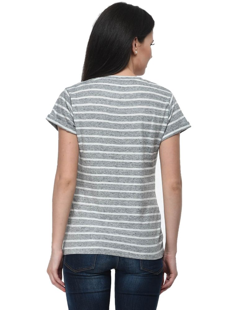 Picture of Frenchtrendz Cotton Grey White V-Neck Rolled Half Sleeve Strip Medium Length Top