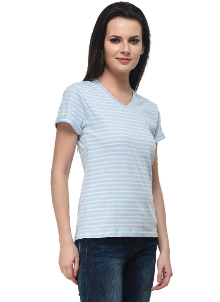 Picture of Frenchtrendz Cotton Blue White V-Neck Rolled Half Sleeve Strip Medium Length Top