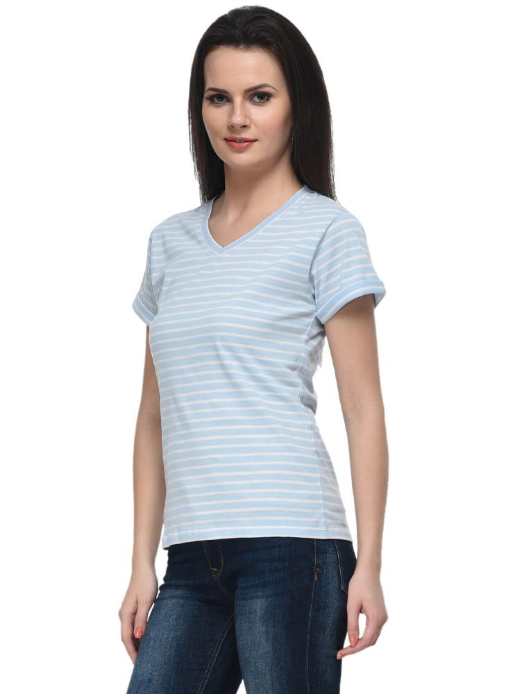 Picture of Frenchtrendz Cotton Blue White V-Neck Rolled Half Sleeve Strip Medium Length Top