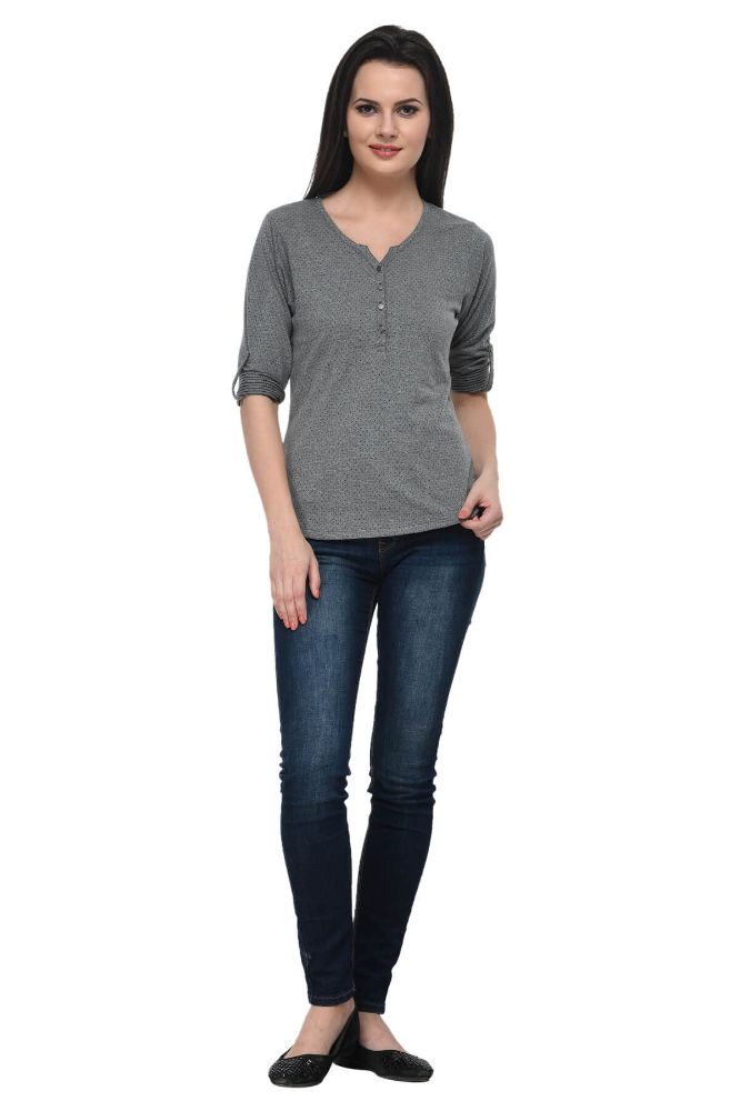 Picture of Frenchtrendz Cotton Poly Grey Henley Neck 3/4 Sleeve Top