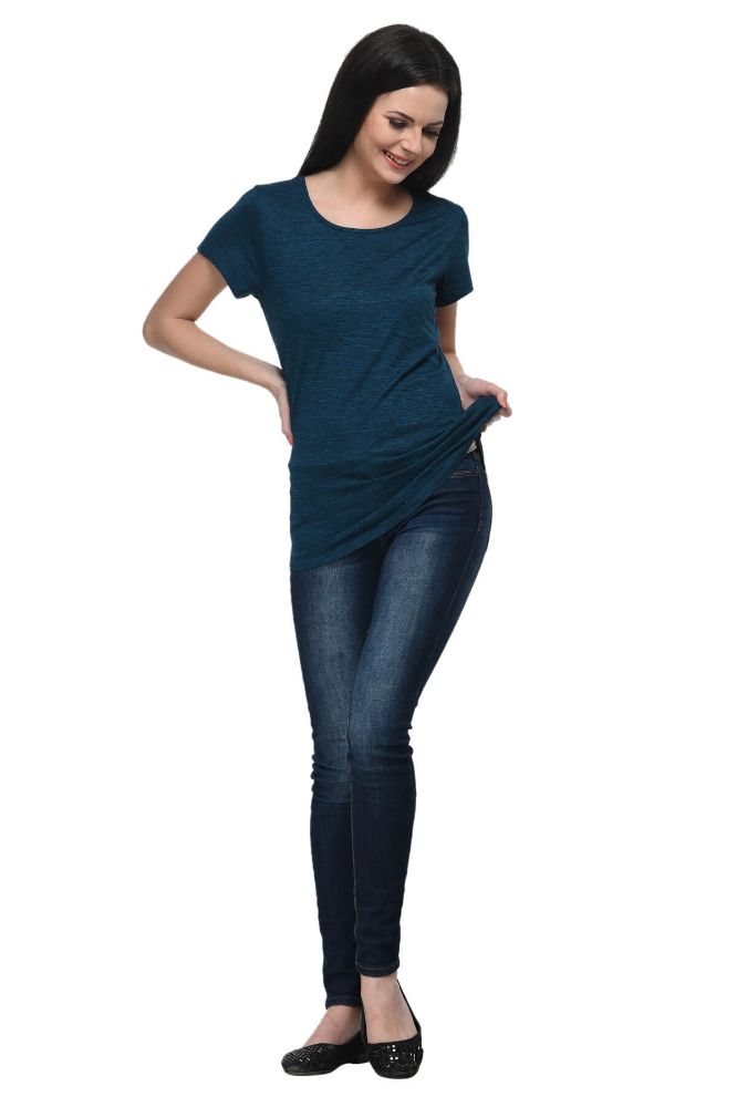 Picture of Frenchtrendz Grindle Teal Round Neck short Sleeve Long Length Top