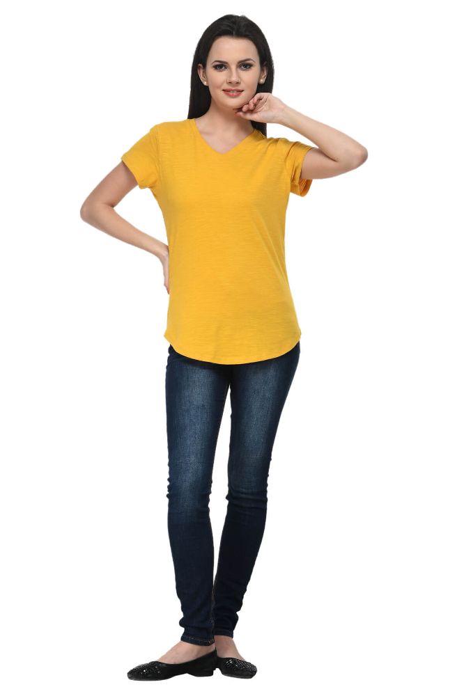 Picture of Frenchtrendz Cotton Slub Mustard V-Neck short Sleeve Long Length Top