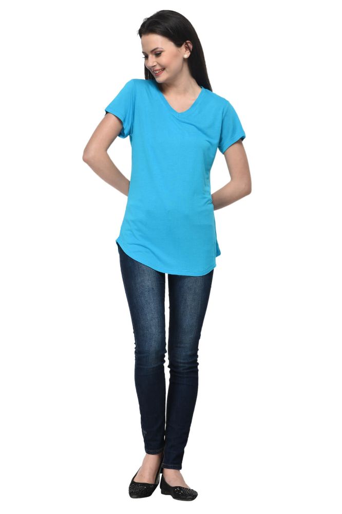 Picture of Frenchtrendz Viscose Turq V-Neck short Sleeve Long Length Top