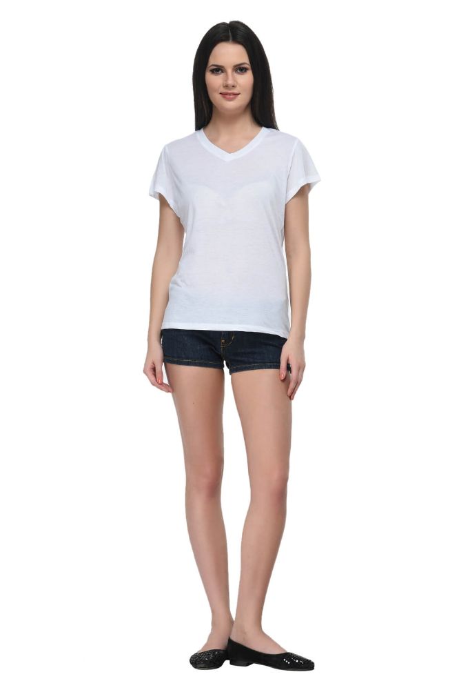 Picture of Frenchtrendz Poly Viscose White V-Neck Half Sleeve Medium Length T-Shirt