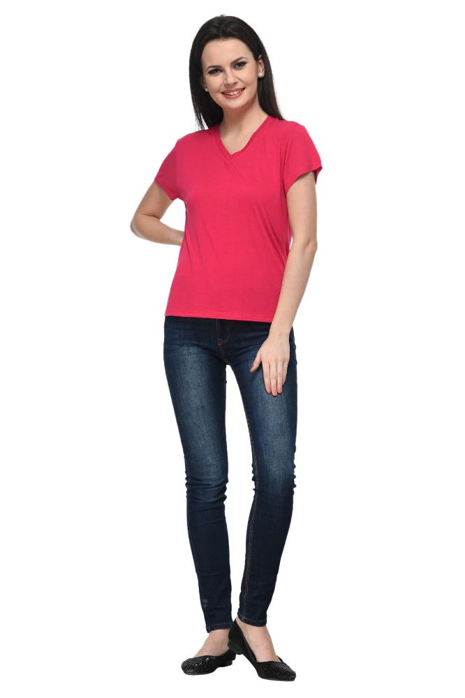 Picture of Frenchtrendz Viscose Pink V-Neck Half Sleeve Short Length Tops