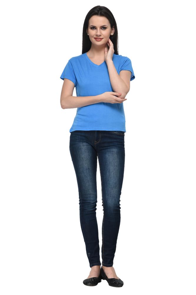 Picture of Frenchtrendz Viscose Blue V-Neck Half Sleeve Short Length Tops