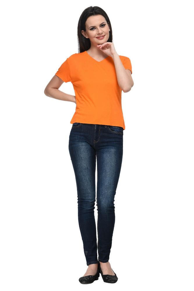 Picture of Frenchtrendz Viscose Orange V-Neck Half Sleeve Short Length Top