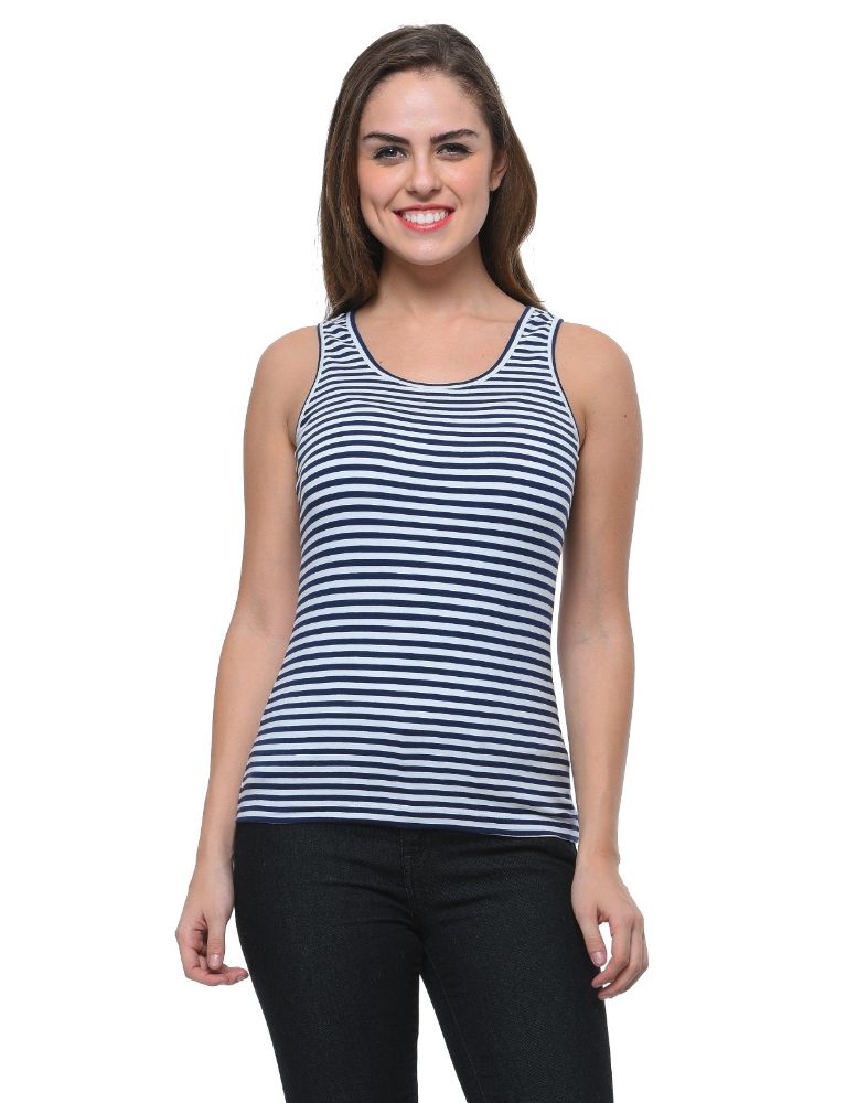 Picture of Frenchtrendz Cotton Spandex Navy White Medium Length Stripe Tank Tops