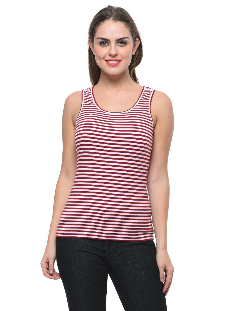 Picture of Frenchtrendz Cotton Spandex Maroon White Medium Length Stripe Tank Tops
