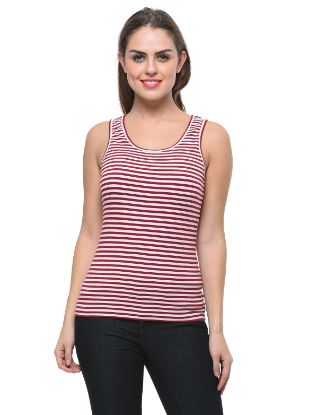 Picture of Frenchtrendz Cotton Spandex Maroon White Medium Length Stripe Tank Tops
