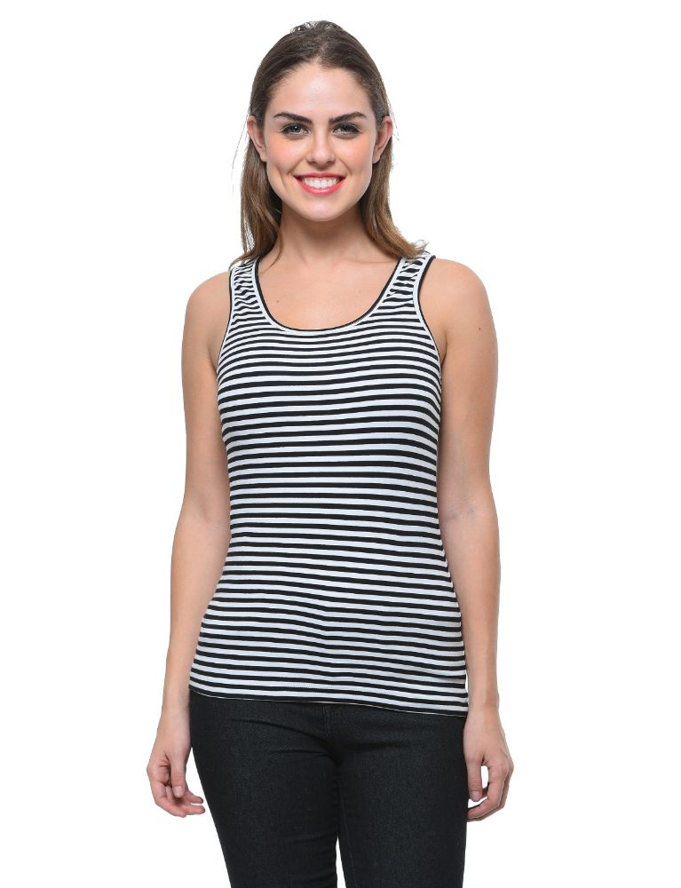 Picture of Frenchtrendz Cotton Spandex Black White Medium Length Stripe Tank Tops