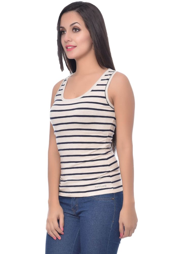 Picture of Frenchtrendz Cotton Spandex Oatmeal Navy Medium Length Stripe Tank Tops
