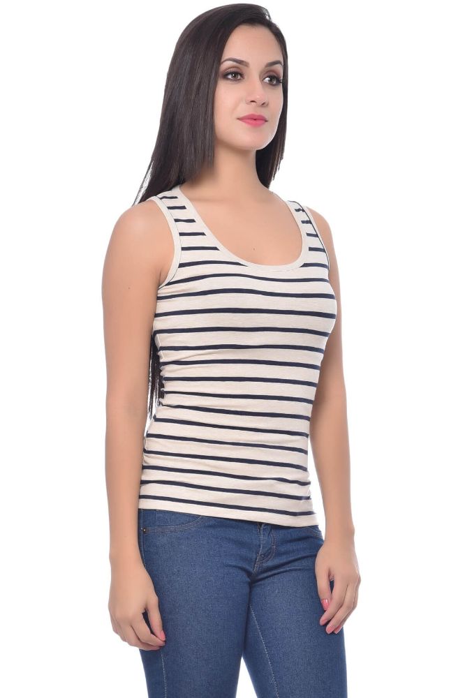 Picture of Frenchtrendz Cotton Spandex Oatmeal Navy Medium Length Stripe Tank Tops