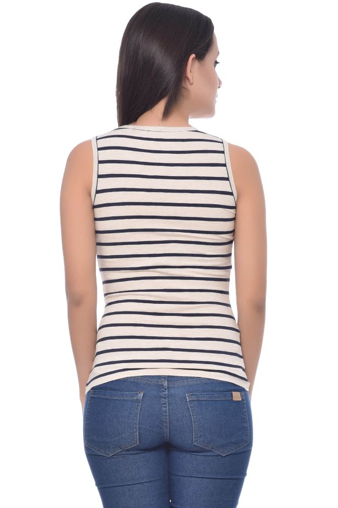 Picture of Frenchtrendz Cotton Spandex Oatmeal Navy Medium Length Stripe Tank Tops