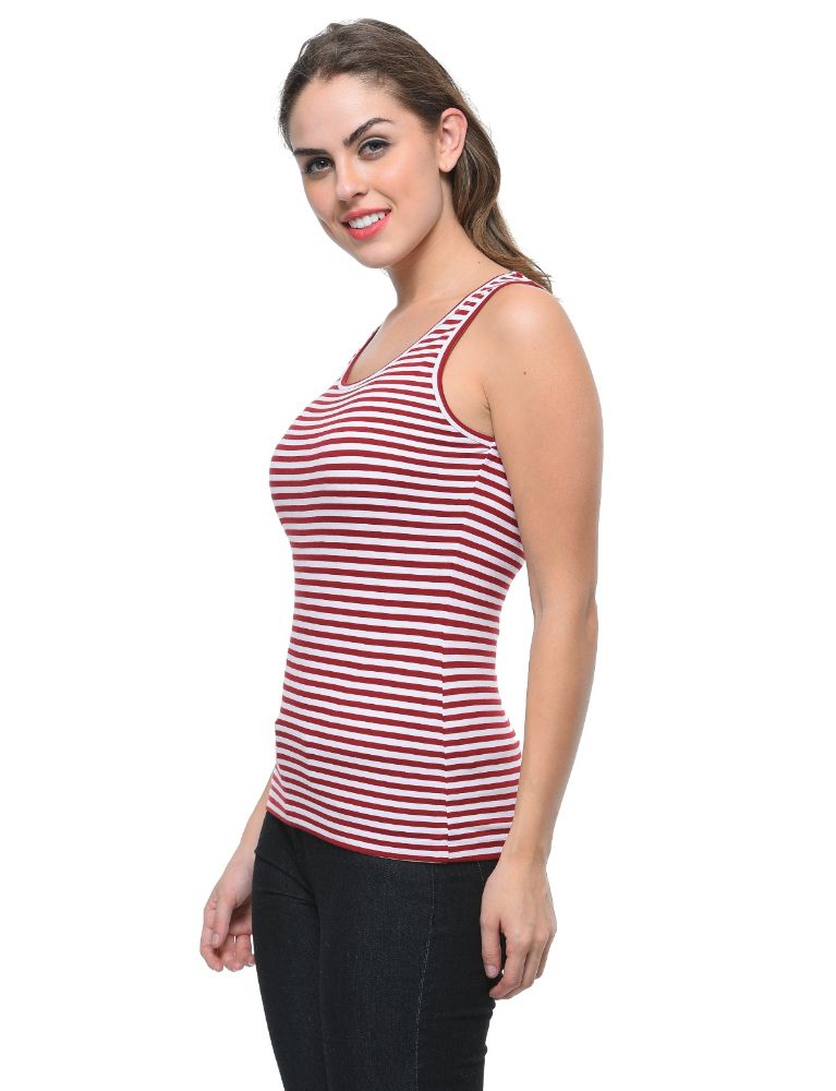 Picture of Frenchtrendz Cotton Spandex Maroon White Medium Length Stripe Tank Tops