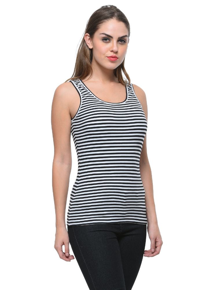 Picture of Frenchtrendz Cotton Spandex Black White Medium Length Stripe Tank Tops