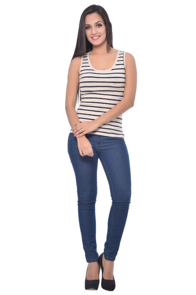 Picture of Frenchtrendz Cotton Spandex Oatmeal Navy Medium Length Stripe Tank Tops