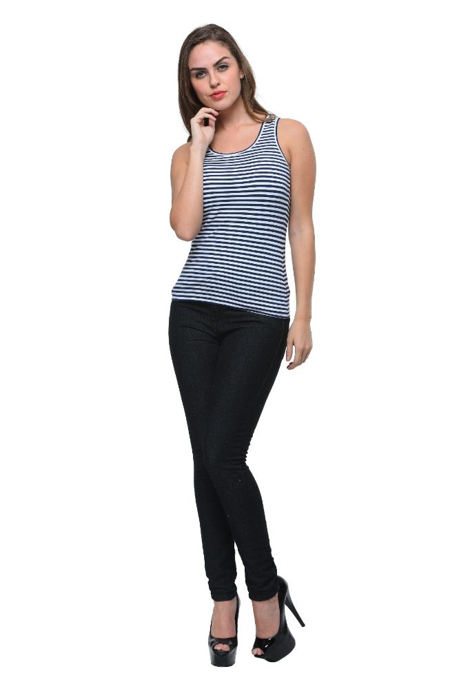 Picture of Frenchtrendz Cotton Spandex Navy White Medium Length Stripe Tank Tops