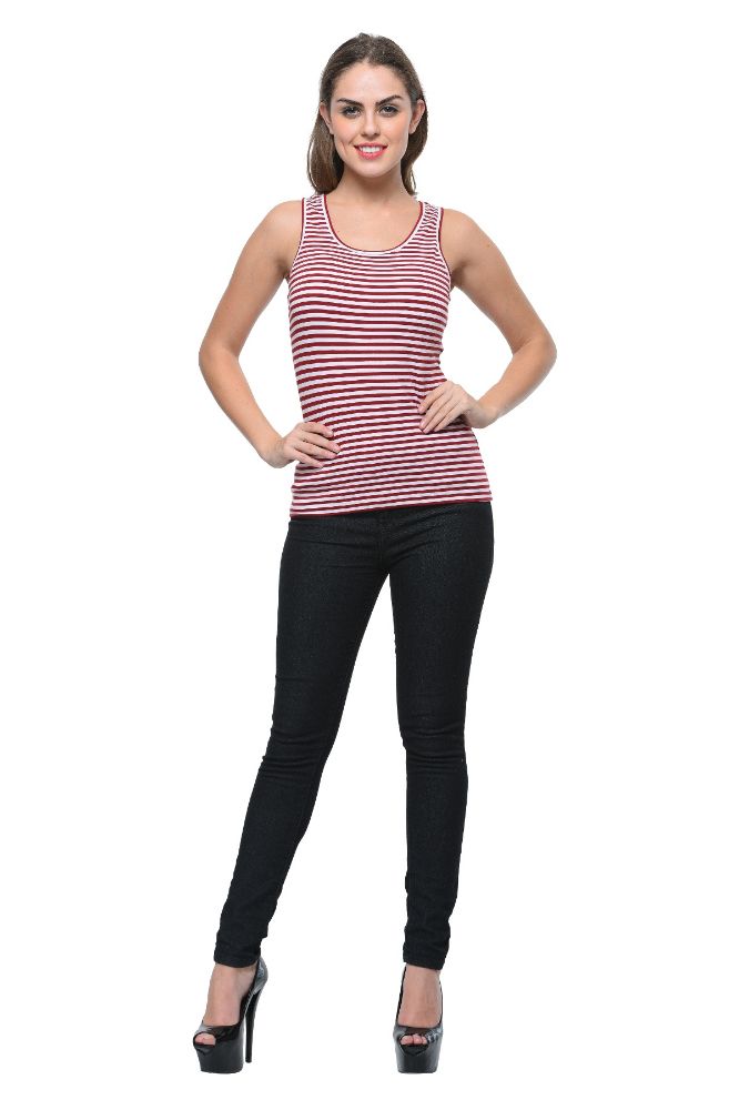 Picture of Frenchtrendz Cotton Spandex Maroon White Medium Length Stripe Tank Tops