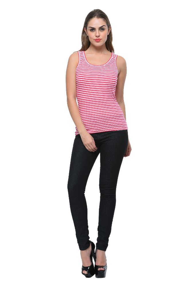 Picture of Frenchtrendz Cotton Spandex Pink White Medium Length Stripe Tank Tops