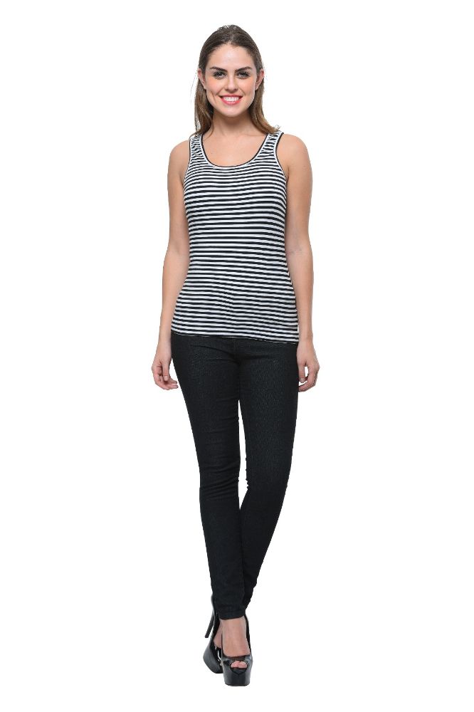 Picture of Frenchtrendz Cotton Spandex Black White Medium Length Stripe Tank Tops