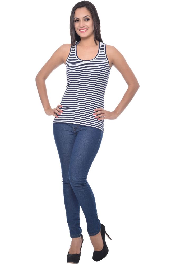 Picture of Frenchtrendz Cotton Spandex Navy White Racer Back Tank Top