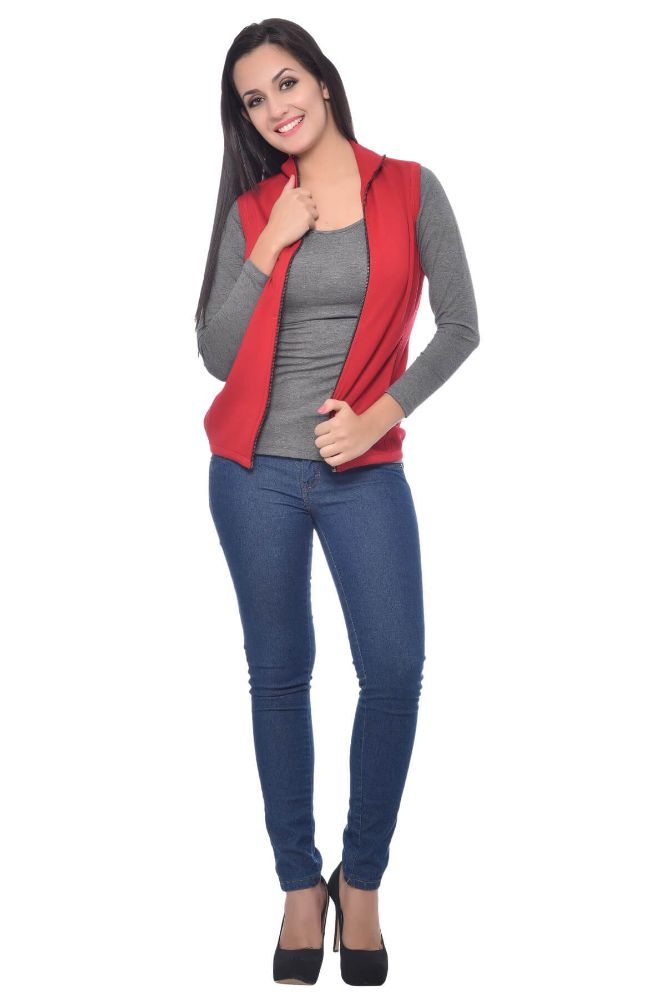 Picture of Frenchtrendz Poly Viscose Spandex Red Sleeveless Jacket