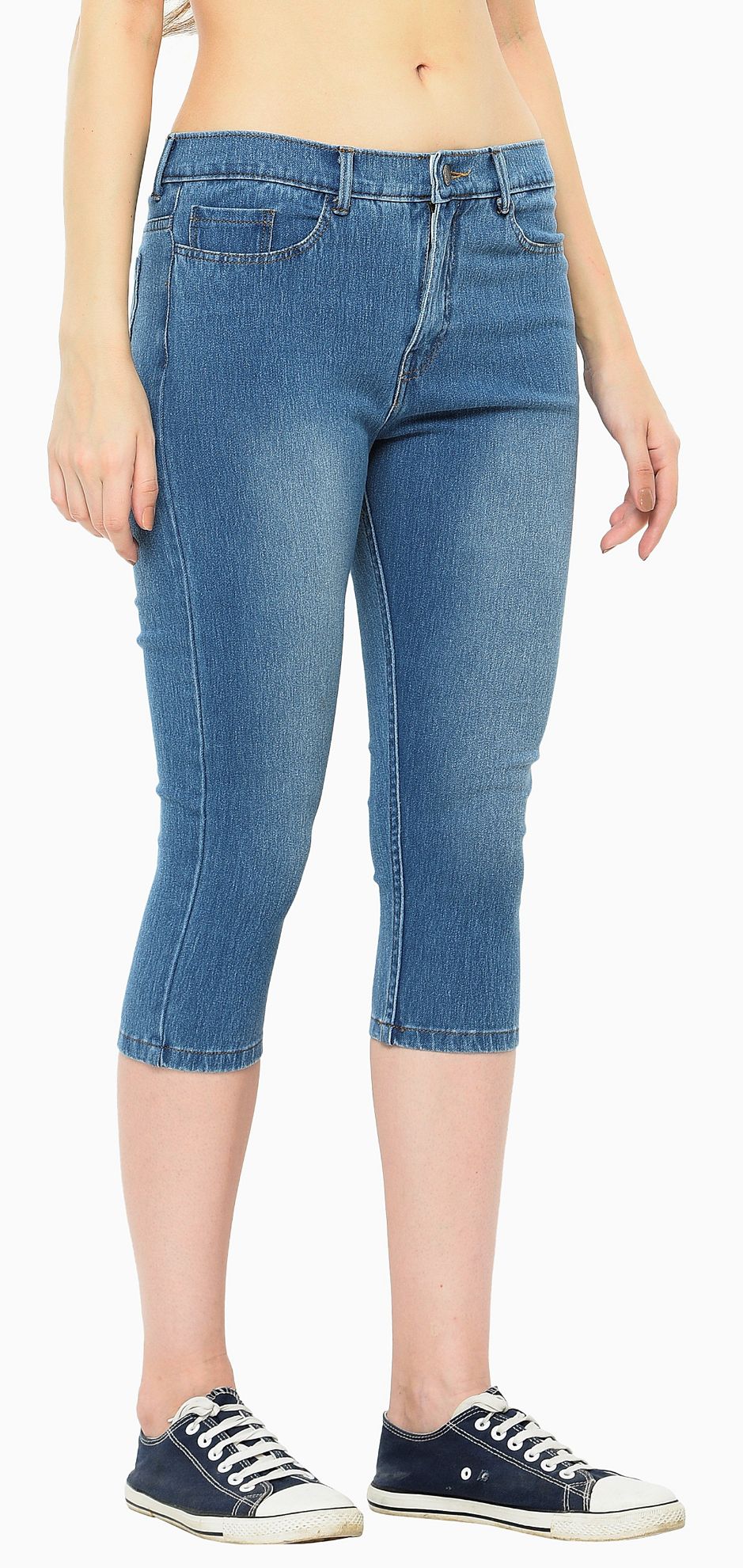 Frenchtrendz Cotton Viscose Spandex Indigo Wash Jeans Capri