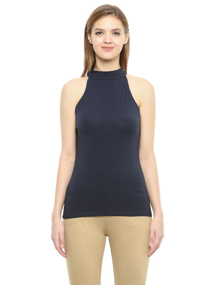 Picture of Frenchtrendz Cotton Spandex Navy Halter Neck Sleeveless Top