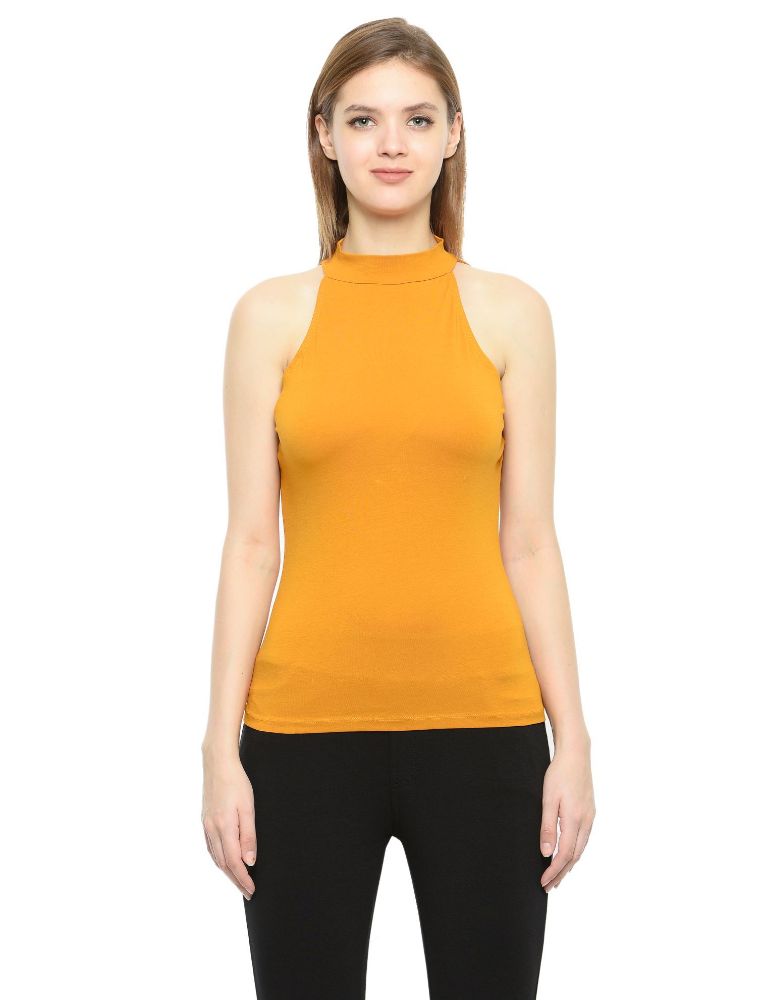 Picture of Frenchtrendz Cotton Spandex Mustard Halter Neck Sleeveless Top