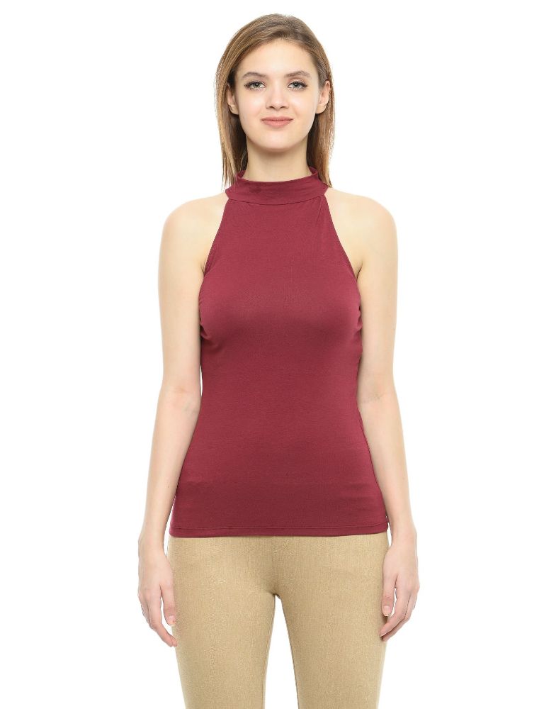 Picture of Frenchtrendz Cotton Spandex Maroon Halter Neck Sleeveless Top