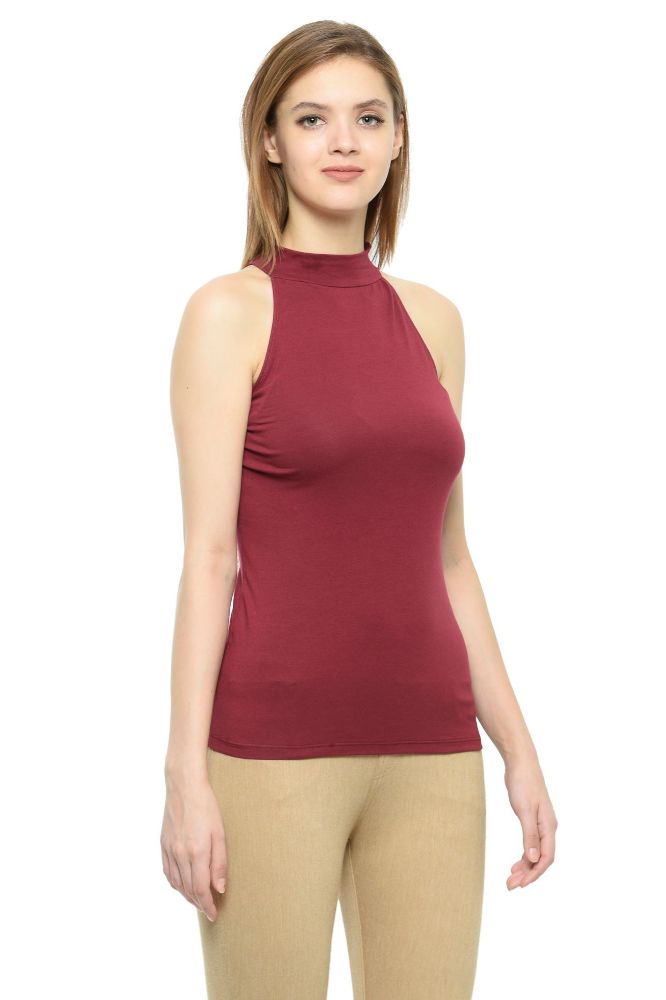 Picture of Frenchtrendz Cotton Spandex Maroon Halter Neck Sleeveless Top