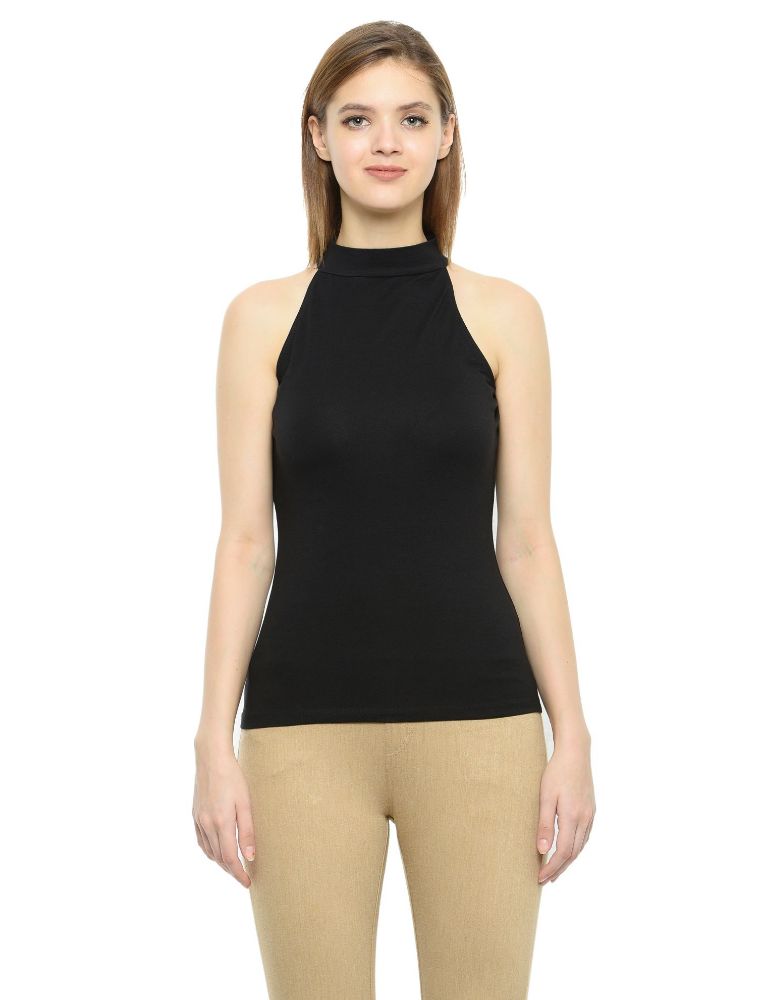 Picture of Frenchtrendz Cotton Spandex Black Halter Neck Sleeveless Top