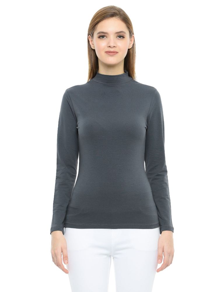 Picture of Frenchtrendz Cotton Spandex Slate Mock Neck Full Sleeve Tops