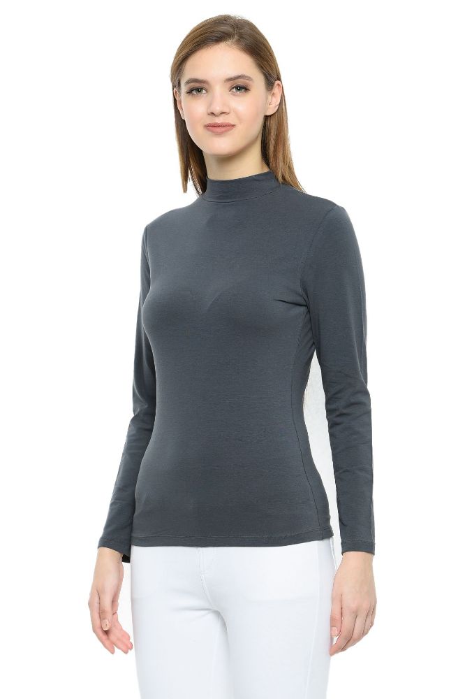 Picture of Frenchtrendz Cotton Spandex Slate mock neck Full Sleeve Top