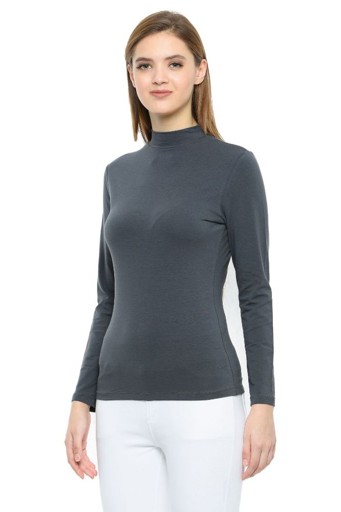 Picture of Frenchtrendz Cotton Spandex Slate Mock Neck Full Sleeve Tops