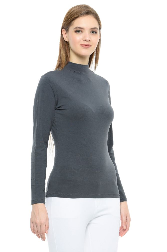 Picture of Frenchtrendz Cotton Spandex Slate Mock Neck Full Sleeve Tops