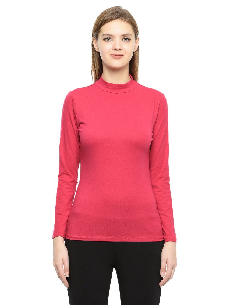 Picture of Frenchtrendz Cotton Spandex Fuchsia Pink Mock Neck Full Sleeve Tops
