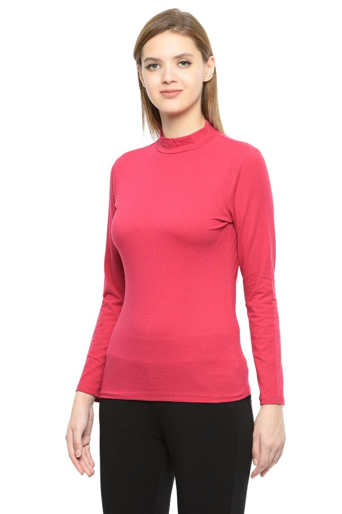 Picture of Frenchtrendz Cotton Spandex Fuchsia Pink Mock Neck Full Sleeve Tops
