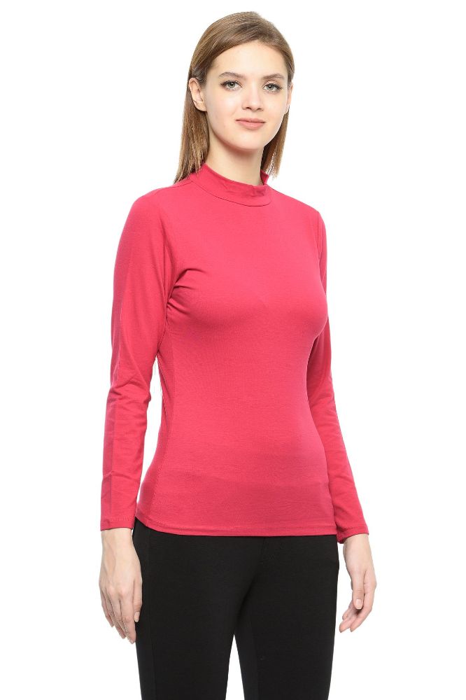 Picture of Frenchtrendz Cotton Spandex Fuchsia Pink Mock Neck Full Sleeve Tops