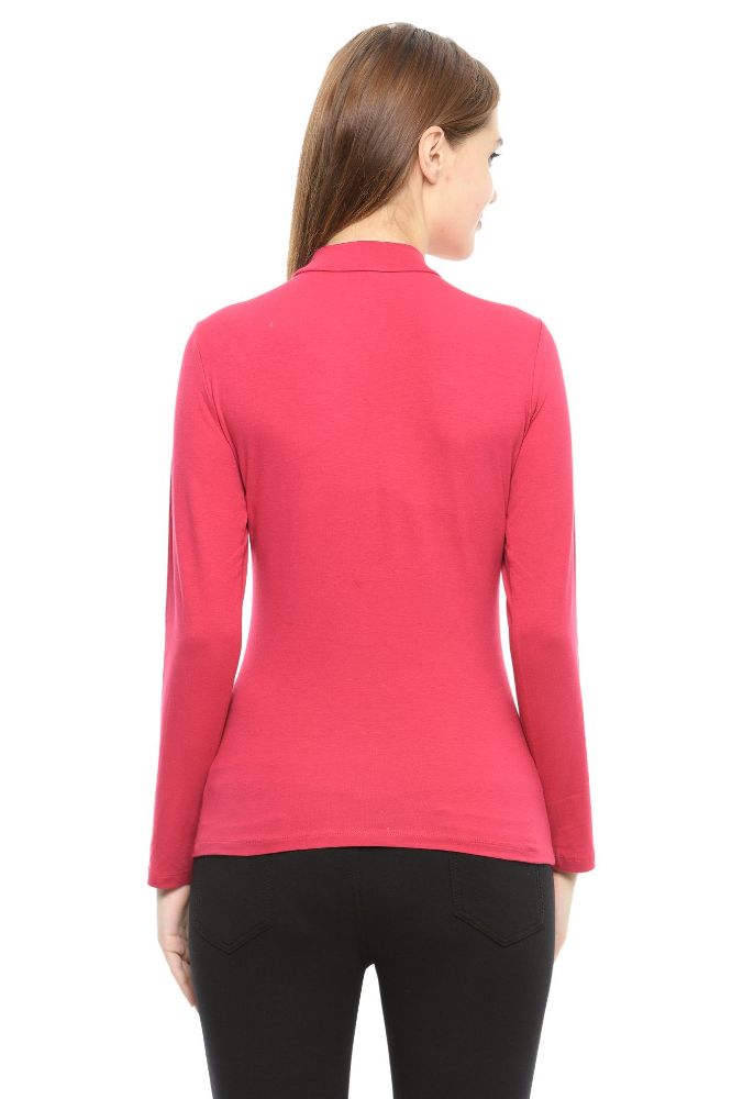 Picture of Frenchtrendz Cotton Spandex Fuchsia Pink Mock Neck Full Sleeve Tops