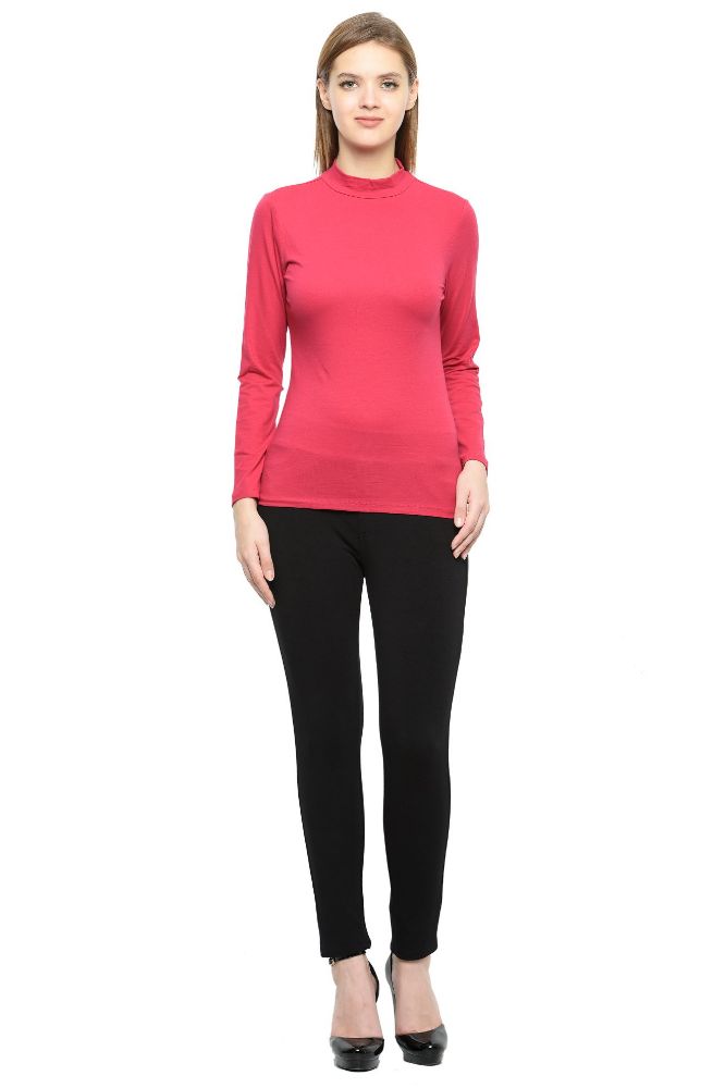 Picture of Frenchtrendz Cotton Spandex Fuchsia Pink Mock Neck Full Sleeve Tops